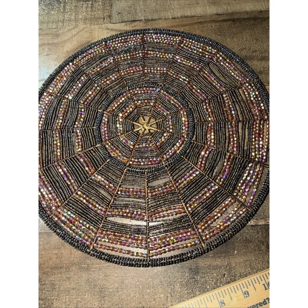 Set Hand Beaded Round Placemat Metallic Glass Seed Bead Spiderweb Starburst‎ Mat